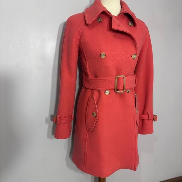 J Crew Stadium Cloth Womens Peacoat Sz 2 Coral Red Belted Rare Nello Gori Preppy - Picture 13 of 14